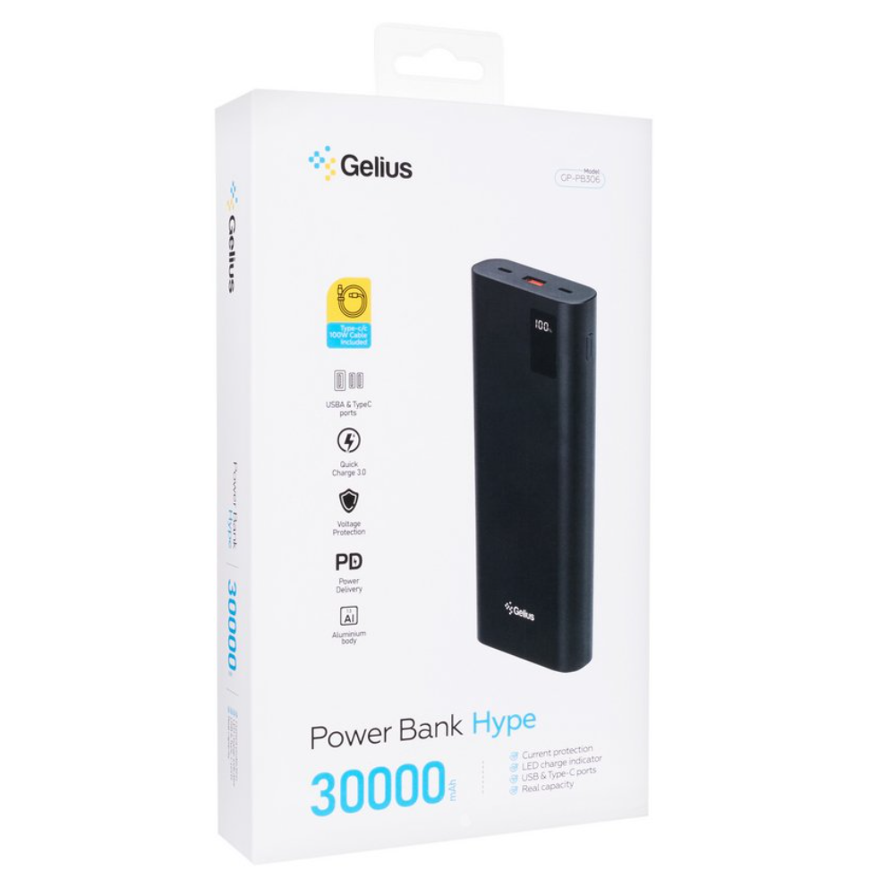 Повербанк Gelius Hype GP-PB306 30000mAh QC+PD 100W с кабелем Type-C/Type-C (1m,100W) Black с логотипом Повербанк Gelius Hype GP-PB306 30000mAh QC+PD 100W с кабелем Type-C/Type-C (1m,100W) Black с логотипом Фото 7